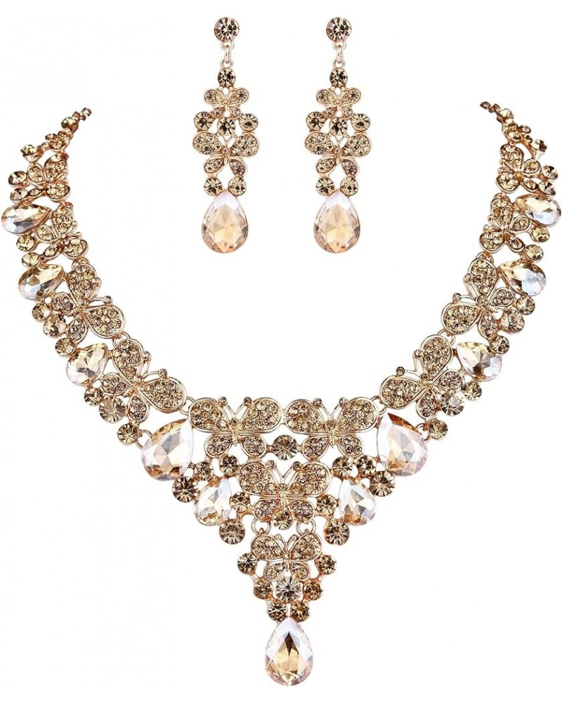 Rhinestone Crystal Enamel Party Butterfly Teardrop Necklace Earrings Set Brown Gold-Tone $12.74 Jewelry Sets