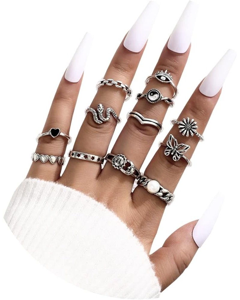 Silver Knuckle Stackable Rings Set for Women Teen Girls, Multiple Stackable Snake Butterfly Heart Flowers Yin Yang Joint Fing...