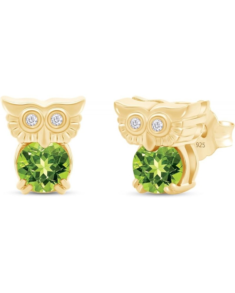 Round Cut Simulated Birthstone & White Cubic Zirconia Owl Stud Earrings With Push Back In 14k Gold Over Sterling Silver Jewel...