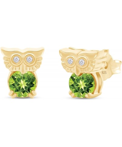 Round Cut Simulated Birthstone & White Cubic Zirconia Owl Stud Earrings With Push Back In 14k Gold Over Sterling Silver Jewel...