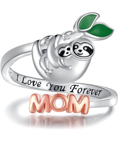 925 Sterling Silver Sloth Ring for Mom Daughter: Adjustable Mother Child Sloth Animal Open Ring for Women Teens Girls Mother ...