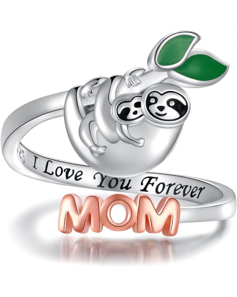 925 Sterling Silver Sloth Ring for Mom Daughter: Adjustable Mother Child Sloth Animal Open Ring for Women Teens Girls Mother ...