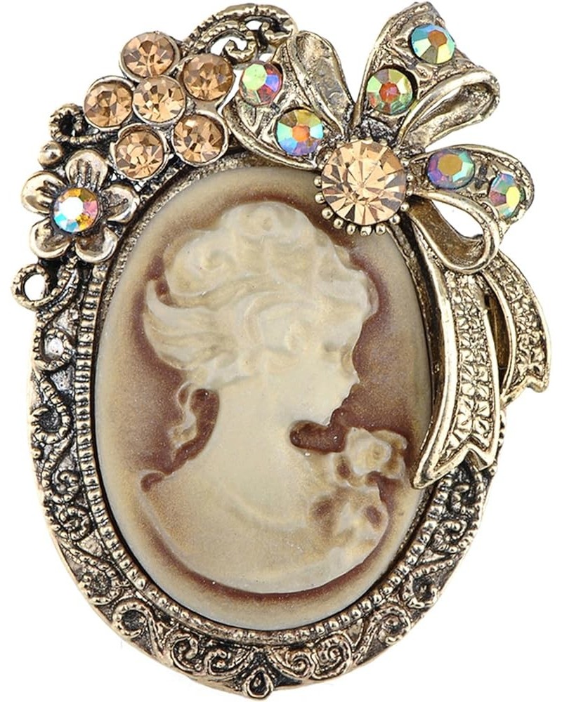 Vintage Inspired Crystal Rhinestone Victorian Lady Cameo Brooch Pin Maiden Flower Ribbon Bow Pendant Gold $10.57 Brooches & Pins