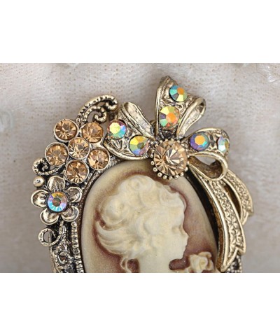 Vintage Inspired Crystal Rhinestone Victorian Lady Cameo Brooch Pin Maiden Flower Ribbon Bow Pendant Gold $10.57 Brooches & Pins