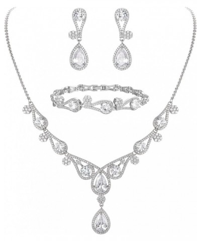 Women's CZ Lots Hollow-Out Teardrop Necklace Earrings Bracelet Set Silver-Tone Clear $20.89 Jewelry Sets