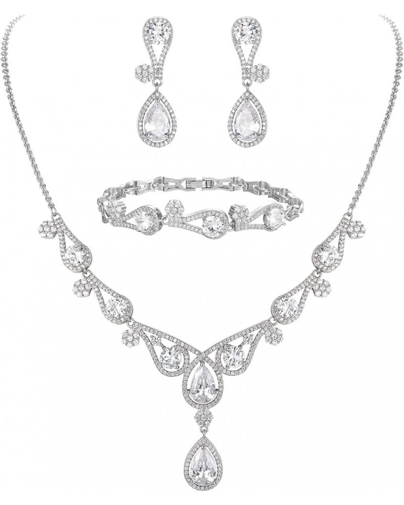 Women's CZ Lots Hollow-Out Teardrop Necklace Earrings Bracelet Set Silver-Tone Clear $20.89 Jewelry Sets