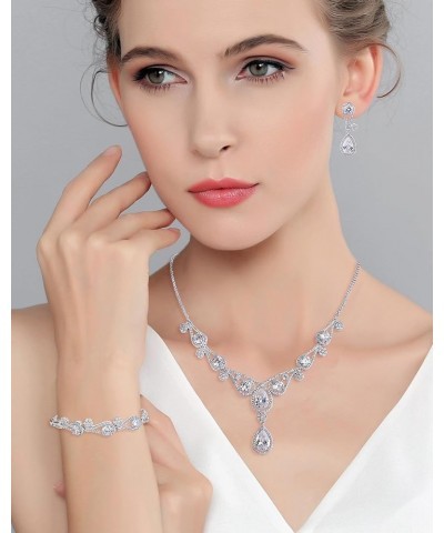 Women's CZ Lots Hollow-Out Teardrop Necklace Earrings Bracelet Set Silver-Tone Clear $20.89 Jewelry Sets