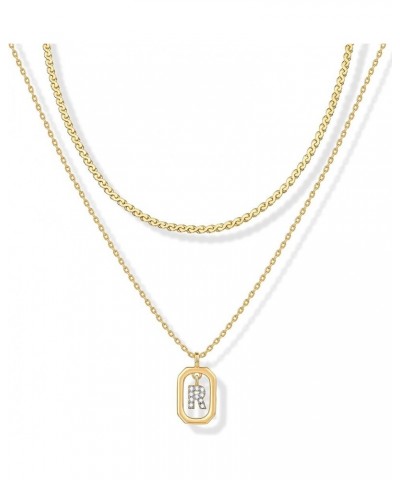 14K Gold Plated Cubic Zirconia Letter Pendant Layered Necklace | Framed Initial Letter Cable Singapore Chains Layering Neckla...