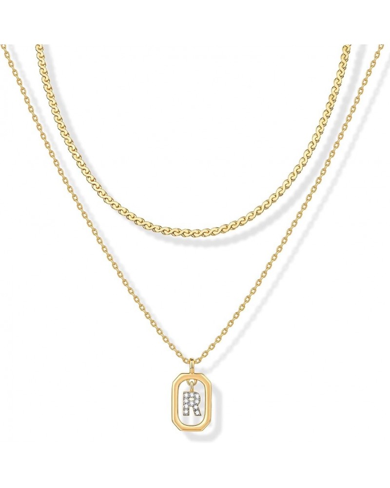 14K Gold Plated Cubic Zirconia Letter Pendant Layered Necklace | Framed Initial Letter Cable Singapore Chains Layering Neckla...