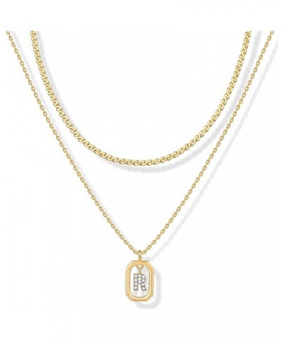 14K Gold Plated Cubic Zirconia Letter Pendant Layered Necklace | Framed Initial Letter Cable Singapore Chains Layering Neckla...