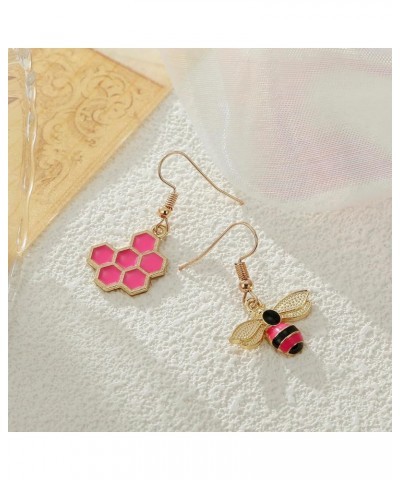 Honey Bee Stud Earrings Honeycomb Bee Drop Dangle Earrings for Women Hot Pink $8.66 Earrings