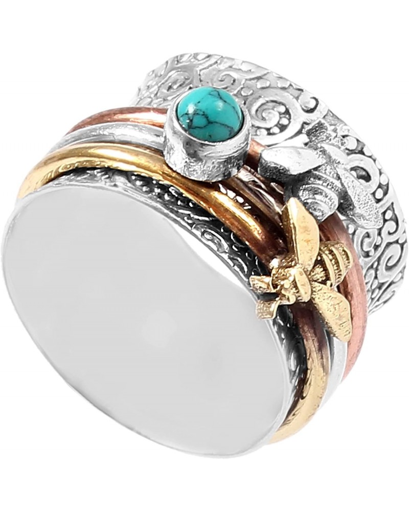 Designer Turquoise Gemstone Ring 2 Fly Bee Spinner Meditation Sterling Silver Ring Spinning Band Anxiety fine Ring $17.60 Rings