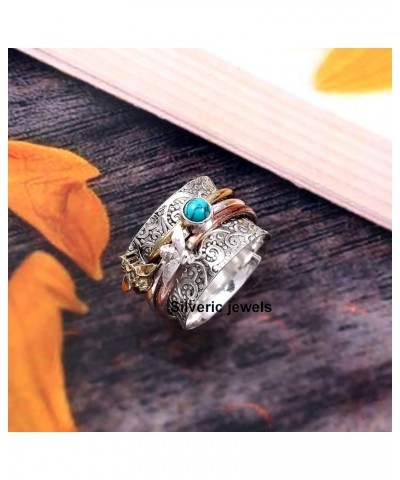 Designer Turquoise Gemstone Ring 2 Fly Bee Spinner Meditation Sterling Silver Ring Spinning Band Anxiety fine Ring $17.60 Rings