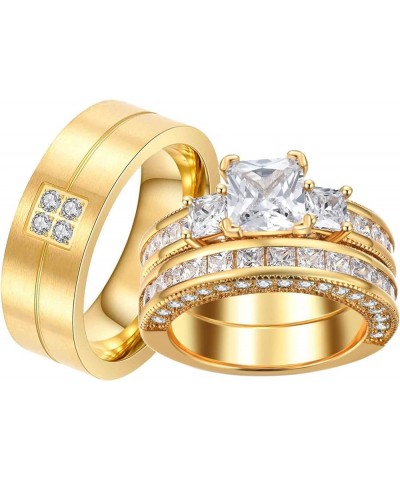 Couple Rings Yellow Gold Plated Princess 8 * 8 Cz Womens Wedding Ring Sets Titanium Steel Men Wedding Bands(Please Buy 2 Ring...