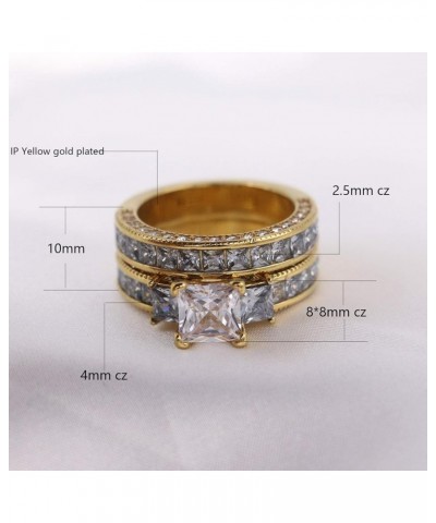 Couple Rings Yellow Gold Plated Princess 8 * 8 Cz Womens Wedding Ring Sets Titanium Steel Men Wedding Bands(Please Buy 2 Ring...