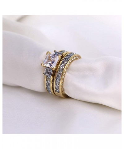 Couple Rings Yellow Gold Plated Princess 8 * 8 Cz Womens Wedding Ring Sets Titanium Steel Men Wedding Bands(Please Buy 2 Ring...