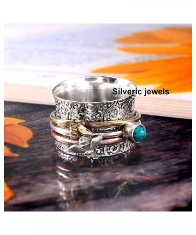 Designer Turquoise Gemstone Ring 2 Fly Bee Spinner Meditation Sterling Silver Ring Spinning Band Anxiety fine Ring $17.60 Rings