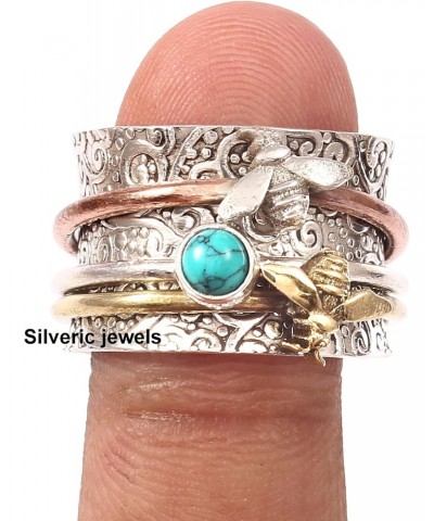 Designer Turquoise Gemstone Ring 2 Fly Bee Spinner Meditation Sterling Silver Ring Spinning Band Anxiety fine Ring $17.60 Rings