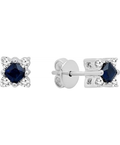 10K Princess Gemstone & Round White Diamond Ladies Square Shape Stud Earrings, White Gold Blue Sapphire $97.05 Earrings