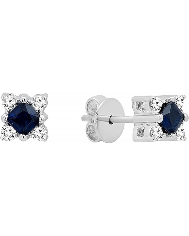 10K Princess Gemstone & Round White Diamond Ladies Square Shape Stud Earrings, White Gold Blue Sapphire $97.05 Earrings