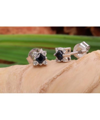 10K Princess Gemstone & Round White Diamond Ladies Square Shape Stud Earrings, White Gold Blue Sapphire $97.05 Earrings