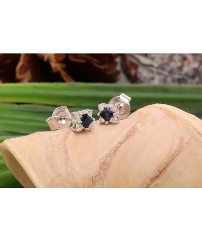 10K Princess Gemstone & Round White Diamond Ladies Square Shape Stud Earrings, White Gold Blue Sapphire $97.05 Earrings