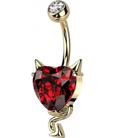 Surgical Steel CZ Heart With Devil Horns and Tail Belly Button Ring Gold/Red $9.17 Body Jewelry