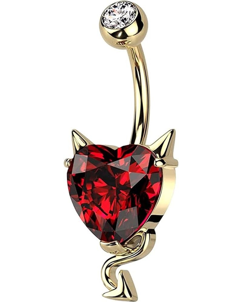 Surgical Steel CZ Heart With Devil Horns and Tail Belly Button Ring Gold/Red $9.17 Body Jewelry