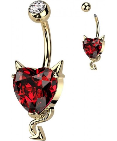 Surgical Steel CZ Heart With Devil Horns and Tail Belly Button Ring Gold/Red $9.17 Body Jewelry