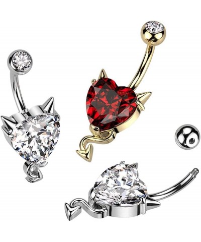 Surgical Steel CZ Heart With Devil Horns and Tail Belly Button Ring Gold/Red $9.17 Body Jewelry