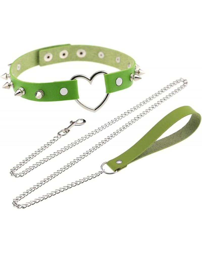 Rivets Choker Punk Hauling Chain PU Leather Collar Peach Heart Gothic Necklace NightClub Goth Leash Belts Green $9.98 Necklaces