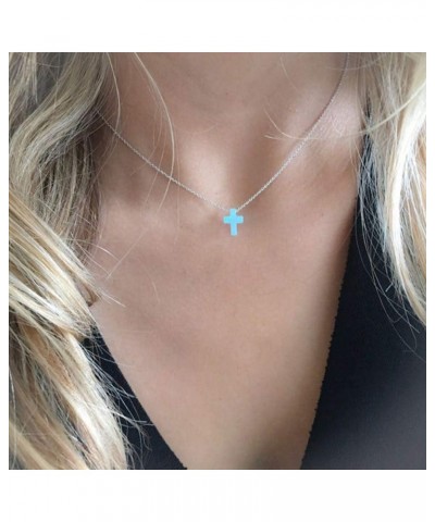 Blue Opal Cross Pendant Choker Necklace Sterling Silver Charming Collar Necklace Sky Blue $11.79 Necklaces