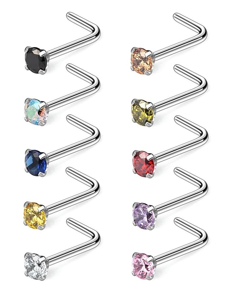 10-40PCS 22G Surgical Steel Diamond CZ Nose Stud Rings L Shaped Piercing Jewelry 1.5mm 2mm 2.5mm 3mm 10PCS - 2.5mm CZ $9.34 B...