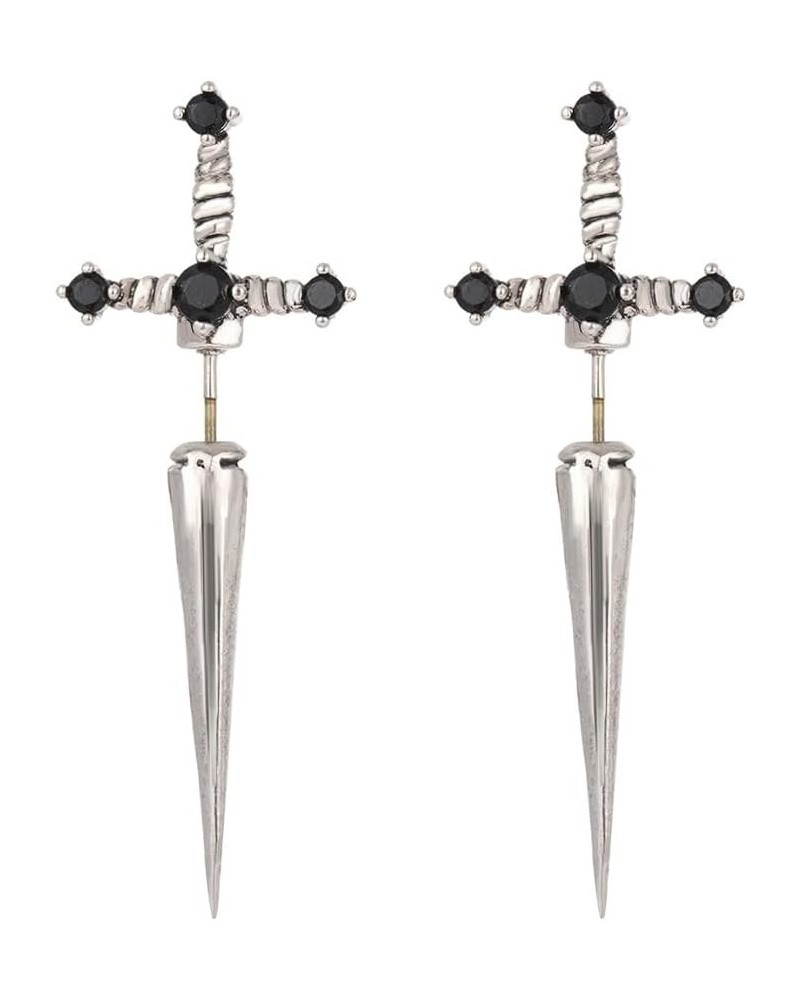 Gothic Sword Earrings Rhinestone Dagger Earrings Black Retro Sword Screw Earrings Cubic Zirconia Punk Sword Earrings Front Ba...