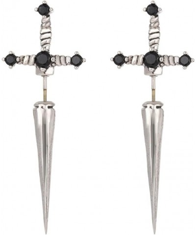 Gothic Sword Earrings Rhinestone Dagger Earrings Black Retro Sword Screw Earrings Cubic Zirconia Punk Sword Earrings Front Ba...