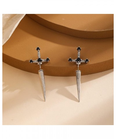 Gothic Sword Earrings Rhinestone Dagger Earrings Black Retro Sword Screw Earrings Cubic Zirconia Punk Sword Earrings Front Ba...