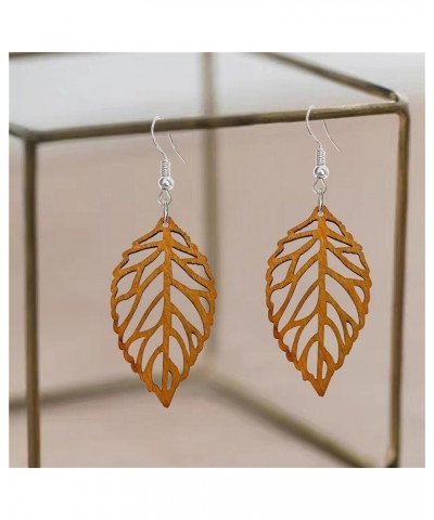 Handmade Colorful Minimalist Hollow Natural Wood Leaf Dangle Drop Earrings Unique Cute Bohemian Wooden Leaf Feather Hook Earr...