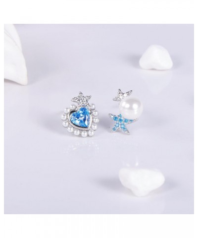 Heart Star Stud Earrings - Blue Stud Earrings Starfish Love Heart asymmetrical Studs Earring Aquamarine Crystal Mismatched Je...