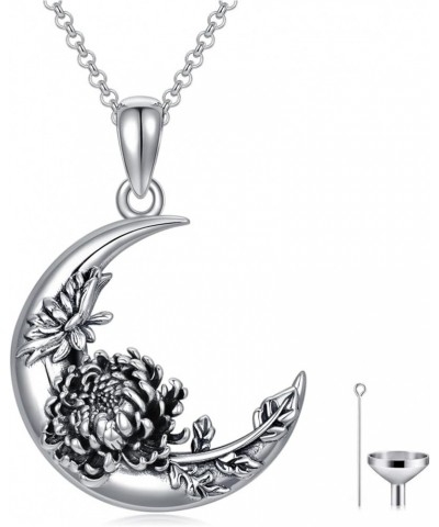 Sterling Silver Moon Crescent Shape Birth Flower Urn Necklace Gothic Birth Flower Cremation Jewelry for Women Chrysanthemum F...