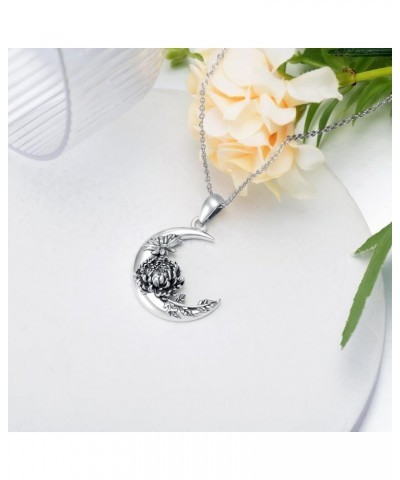 Sterling Silver Moon Crescent Shape Birth Flower Urn Necklace Gothic Birth Flower Cremation Jewelry for Women Chrysanthemum F...