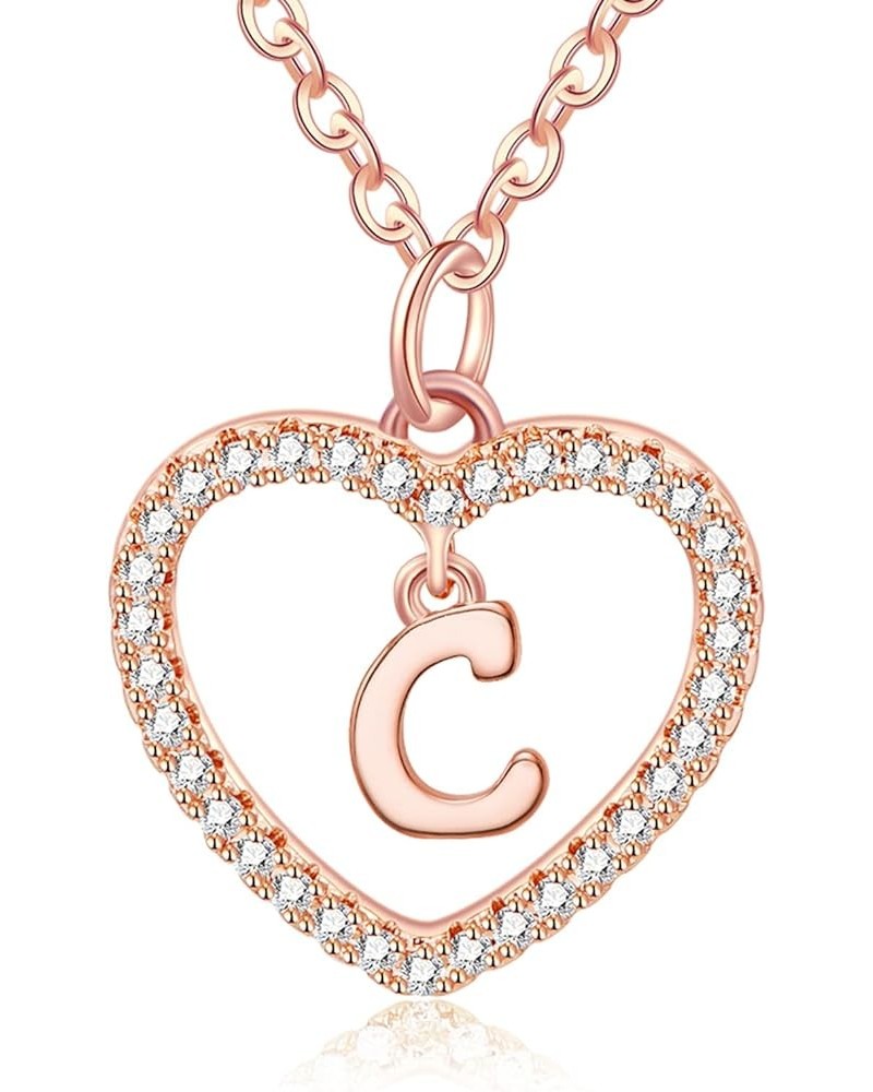 Initial Heart Necklace for Women CZ Heart Letter A-Z Name Alphabet Pendant Necklace Valentine's Day gift Rose Gold Plated C $...