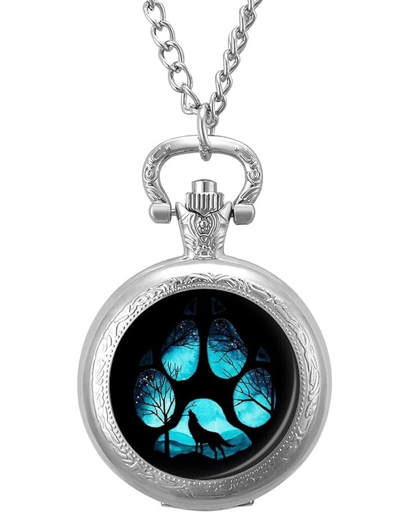 Paw Galaxy Night Wolf Custom Quartz Pocket Watch Classic Vintage with Chain Arabic Numerals Scale silver-style $15.92 Necklaces