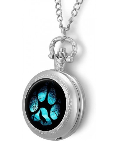 Paw Galaxy Night Wolf Custom Quartz Pocket Watch Classic Vintage with Chain Arabic Numerals Scale silver-style $15.92 Necklaces