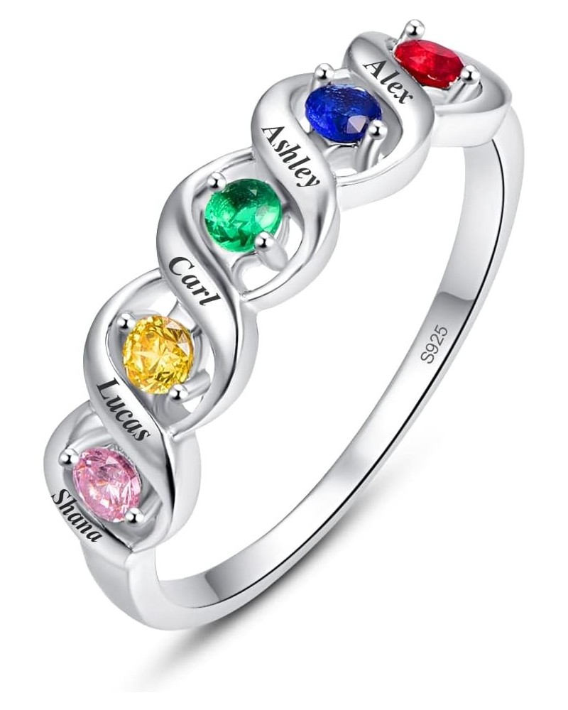 Personalized Mothers Ring with 2-5 Simulated Birthstone 925 Sterling Silver Promise Rings Customized Engraved 3-5 Names Engag...