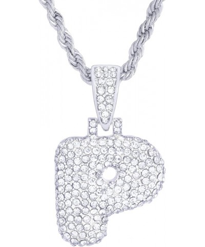 A - Z Initial Bubble Letter Silver Plated Iced CZ Pendant With 20" Rope Chain Necklace P $7.55 Necklaces