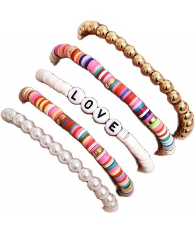 5Pcs Bohemian Colorful Beaded Stackable Bracelets Set Handmade Polymer Clay Love Letter Simulated Pearl Bead Stretch Bracelet...