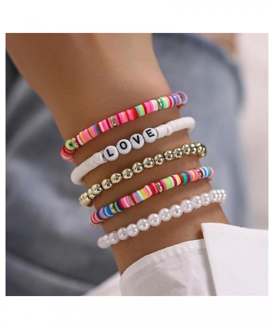 5Pcs Bohemian Colorful Beaded Stackable Bracelets Set Handmade Polymer Clay Love Letter Simulated Pearl Bead Stretch Bracelet...