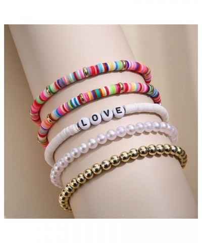 5Pcs Bohemian Colorful Beaded Stackable Bracelets Set Handmade Polymer Clay Love Letter Simulated Pearl Bead Stretch Bracelet...