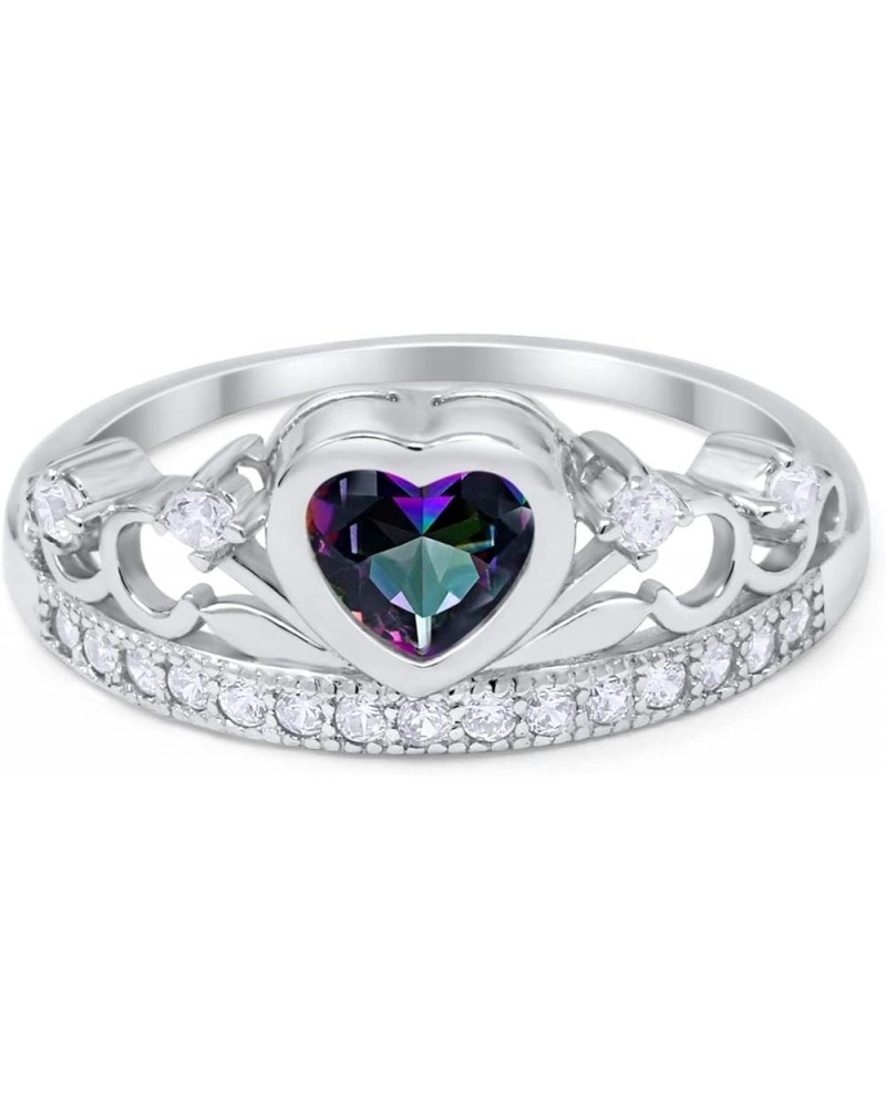 Heart Crown Ring Half Eternity Simulated Cubic Zirconia 925 Sterling Silver Choose Color Simulated Rainbow Topaz $10.25 Rings