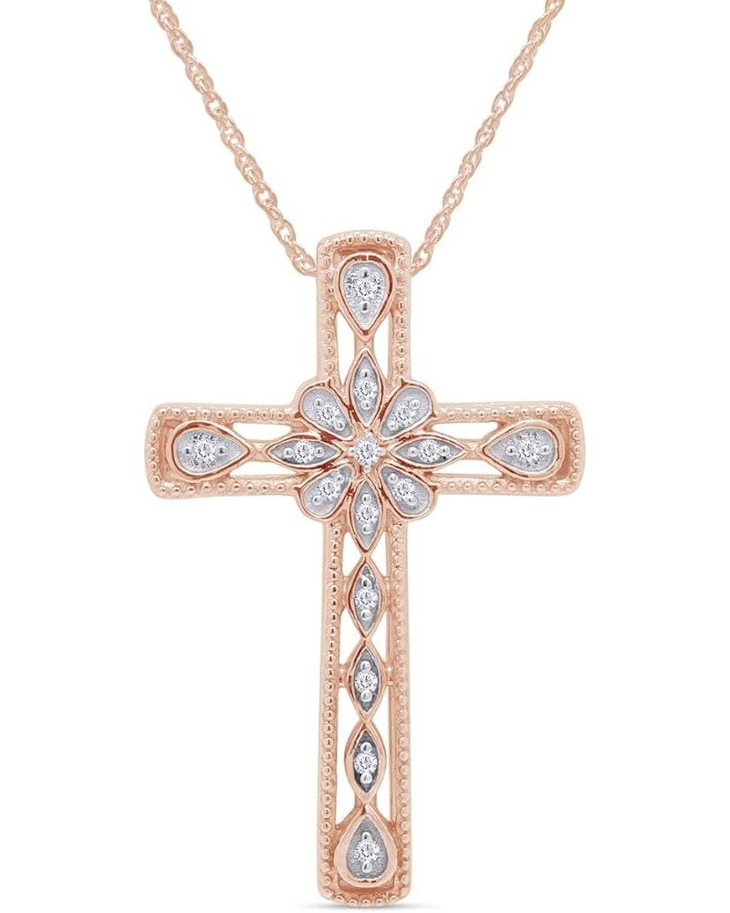 1/20 Carat Round Cut White Natural Diamond Accent Vintage Style Flower Cross Pendant Necklace For Women In 14k Gold Over Ster...